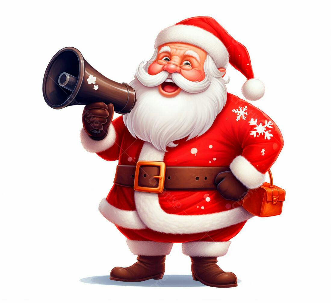 Papai Noel com megafone anunciando Natal