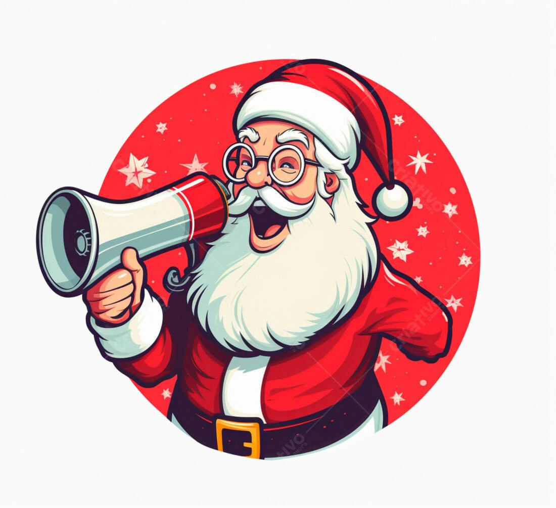 Papai Noel com megafone anúncio Natal