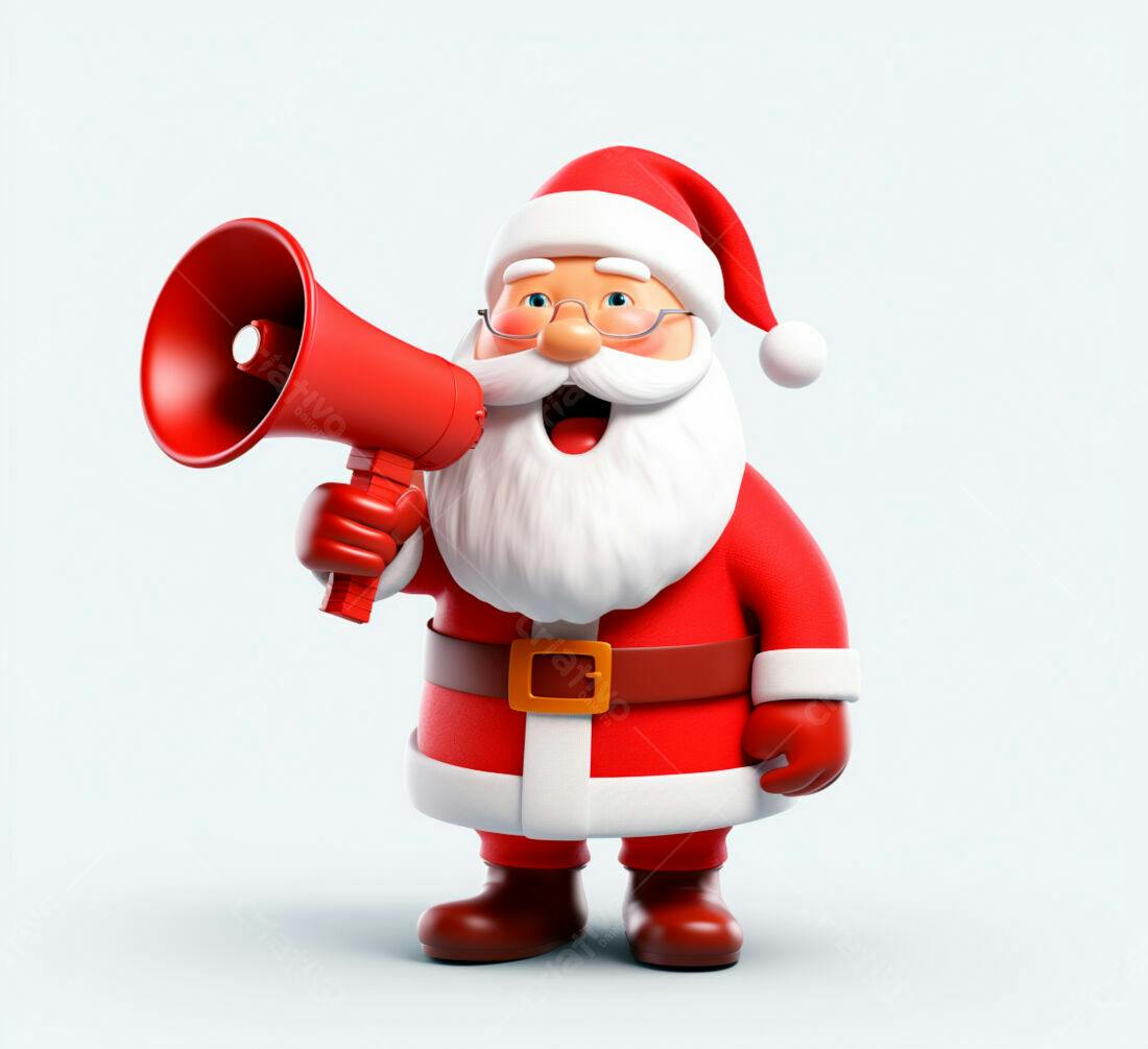 Papai Noel com megafone anunciando o Natal