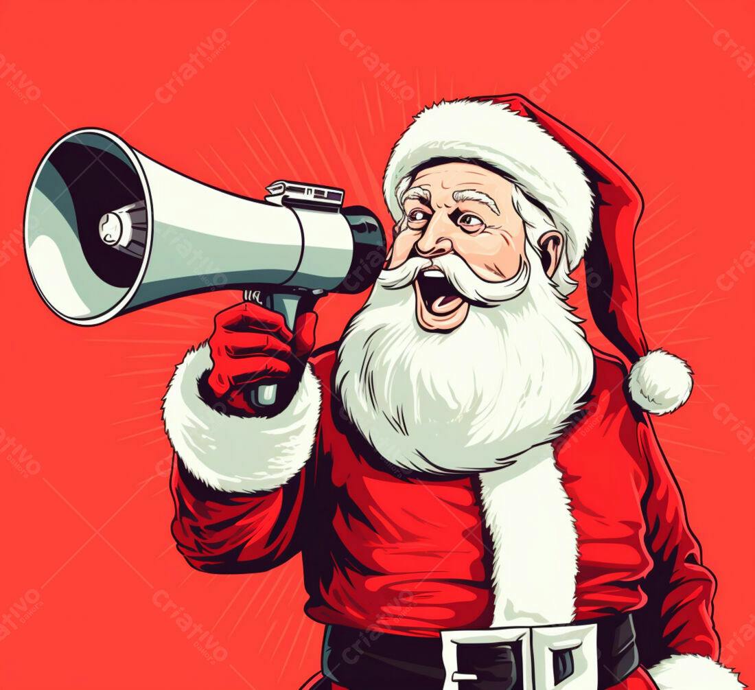 Papai Noel com megafone anunciando Natal