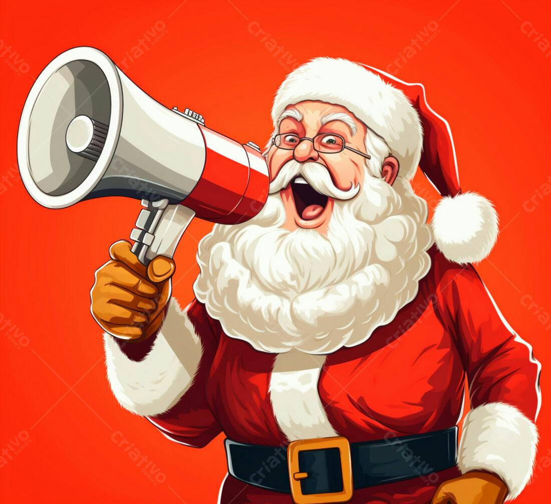 Papai Noel com megafone anunciando Natal
