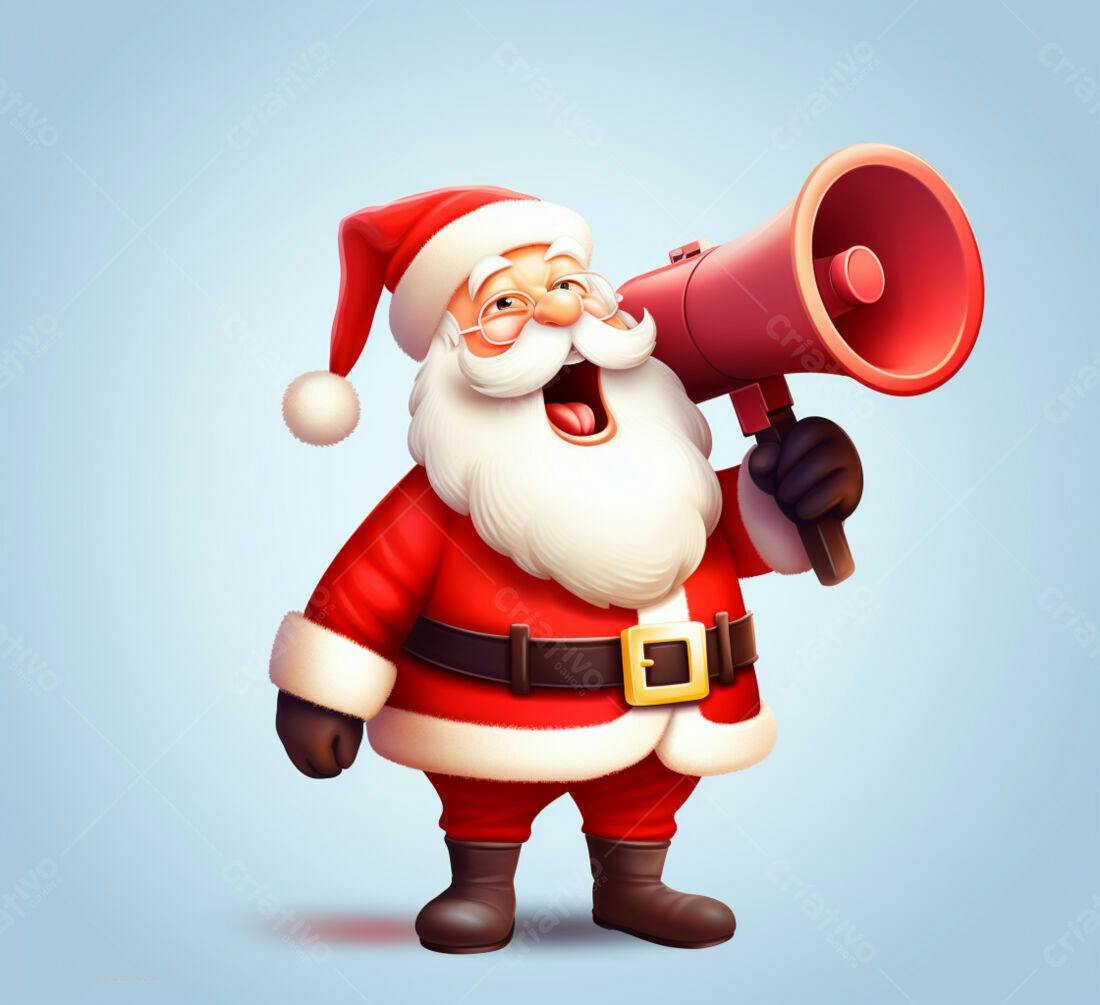 Papai Noel com megafone anunciando Natal