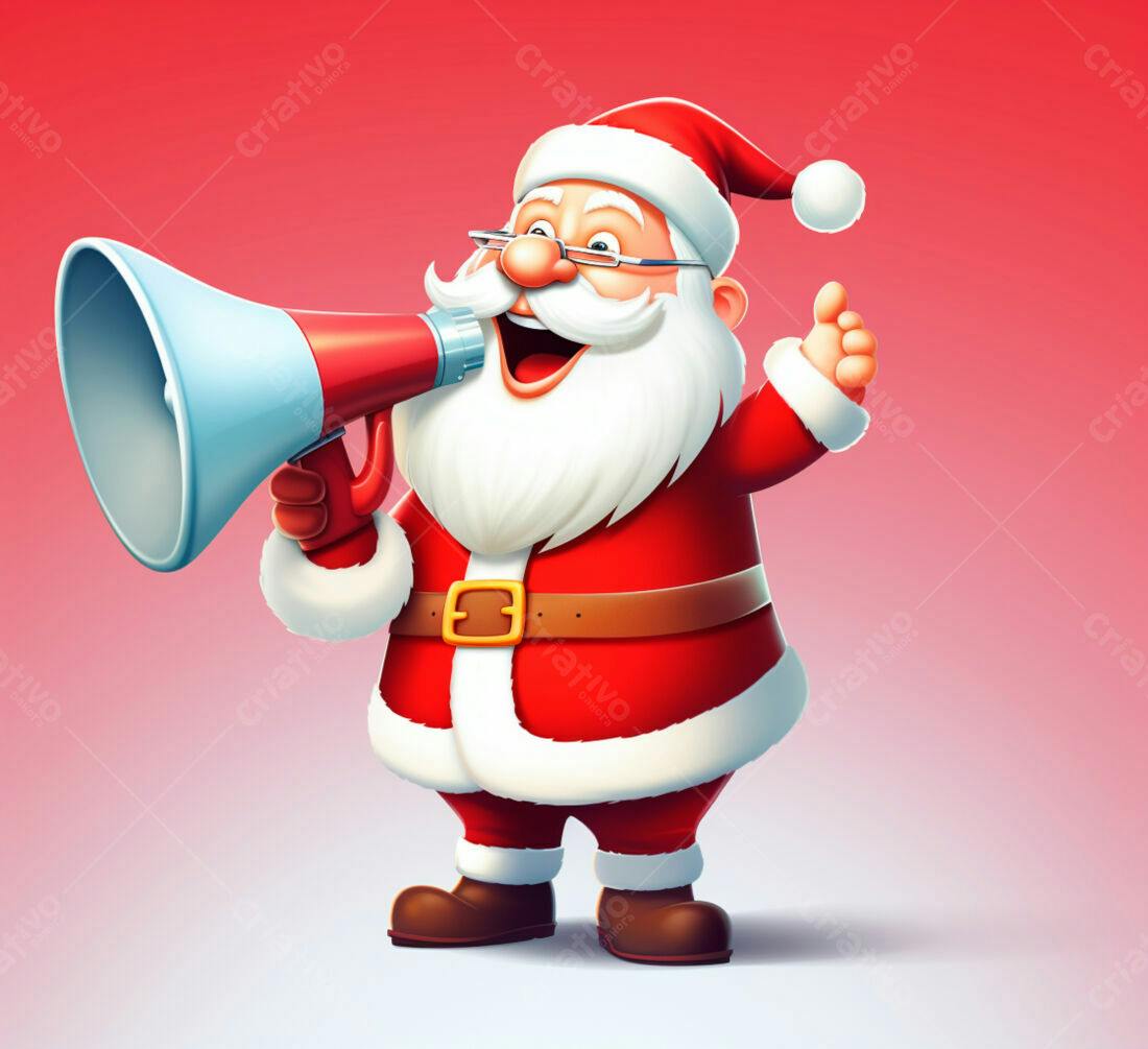 Papai Noel alegre anunciando com megafone