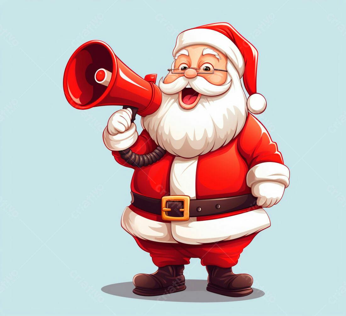 Papai Noel com megafone anunciando Natal