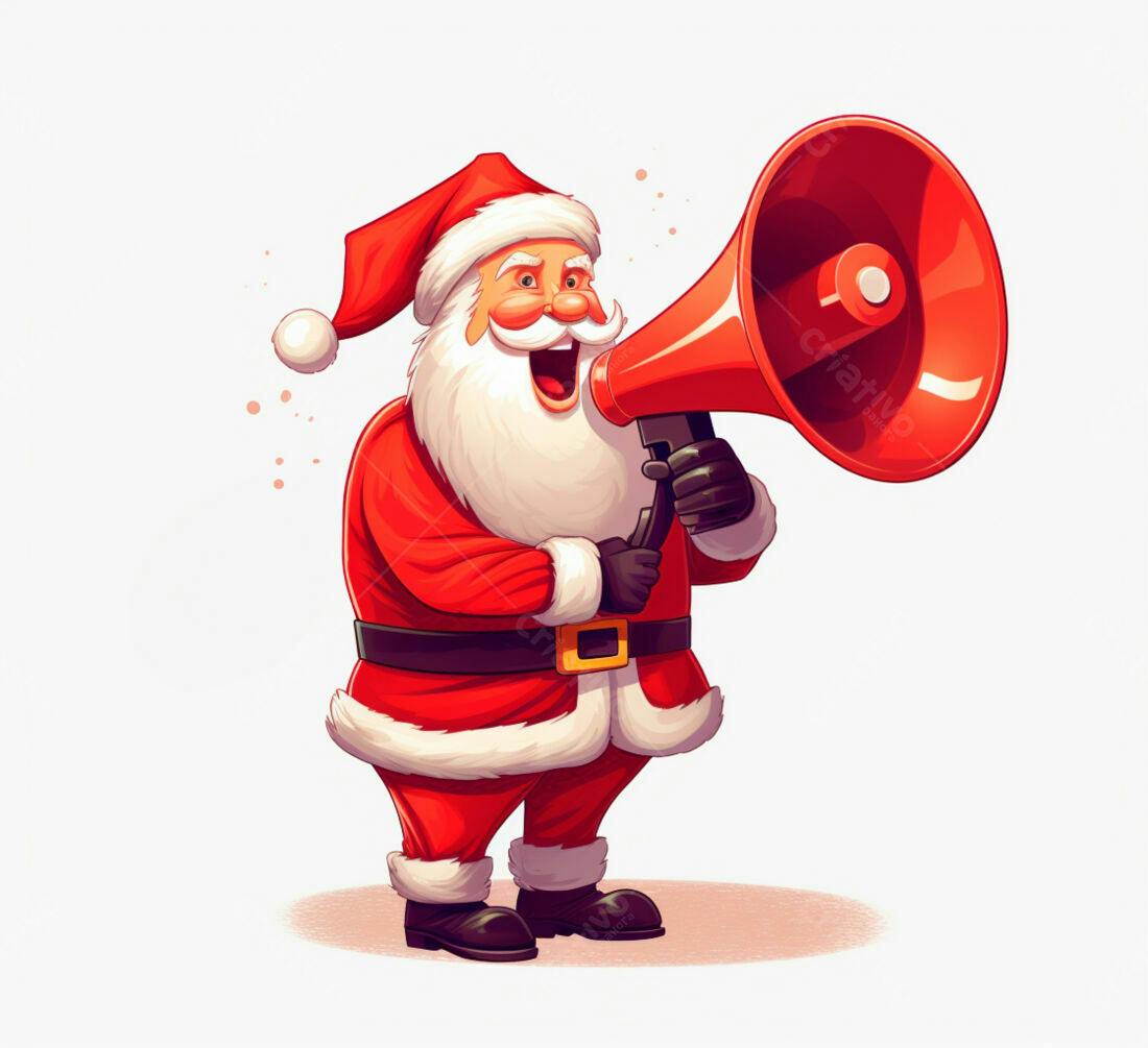Papai Noel com megafone anunciando Natal