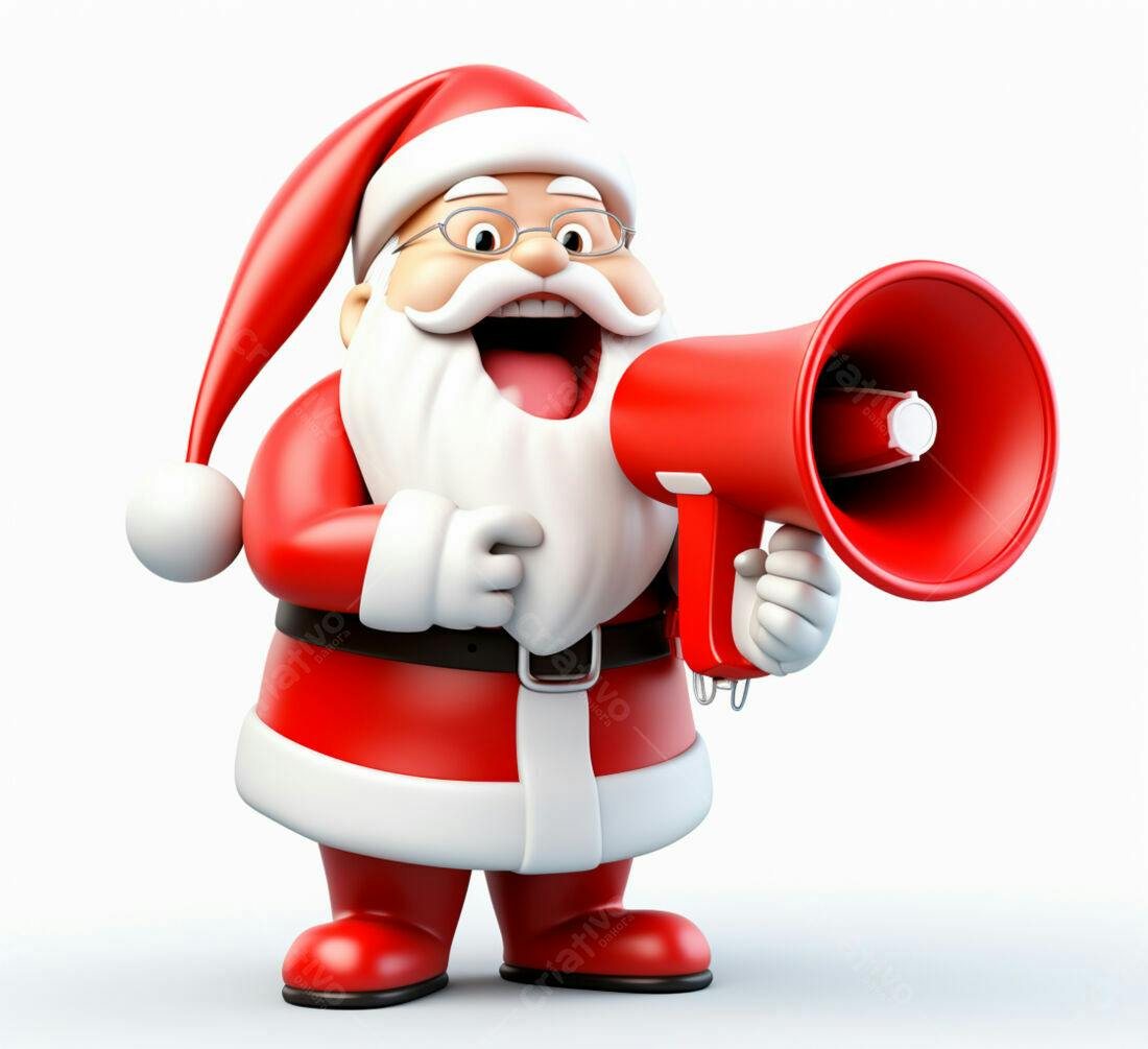 Papai Noel com megafone anunciando o Natal