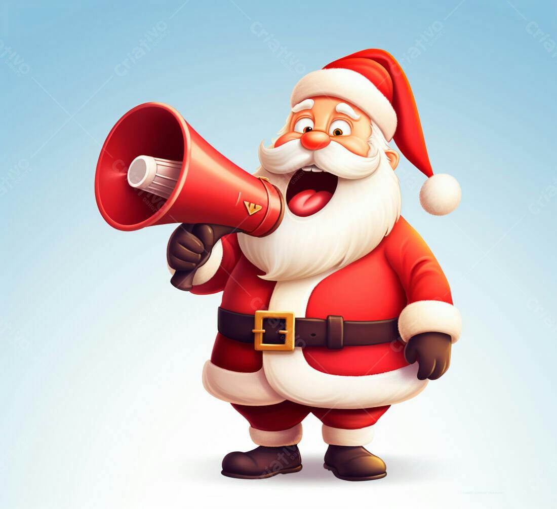 Papai Noel com megafone anunciando o Natal
