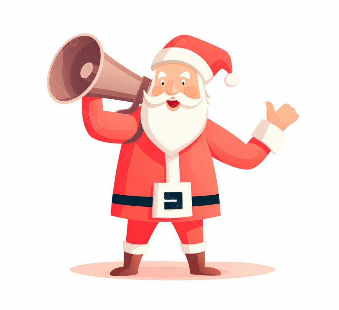 Papai Noel com megafone anunciando Natal