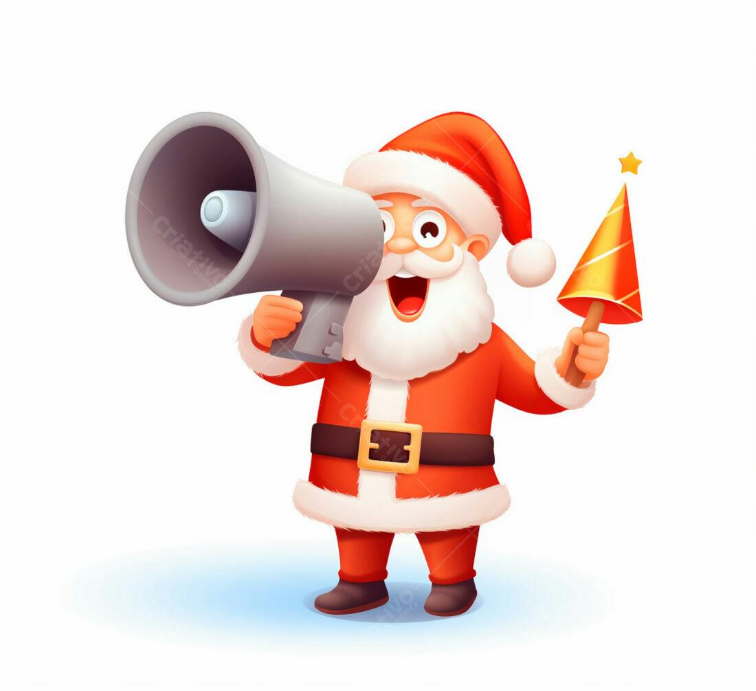 Papai Noel com megafone anunciando Natal