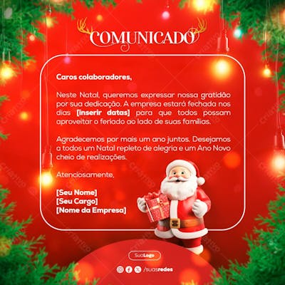 Comunicado Feriado Natalino Post Feed Social Media