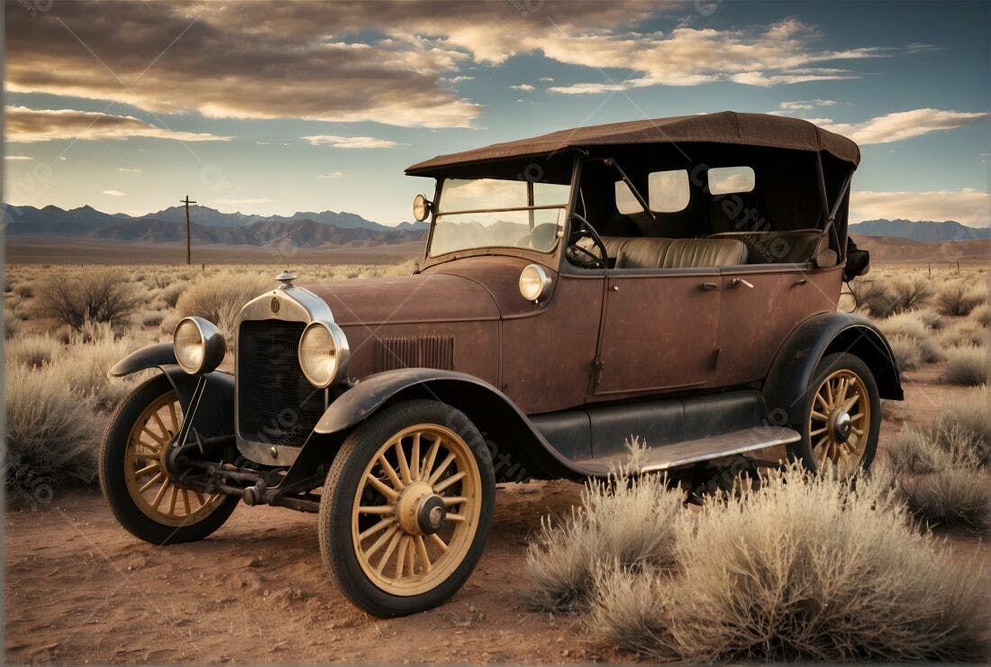 Carro antigo no deserto ao entardecer