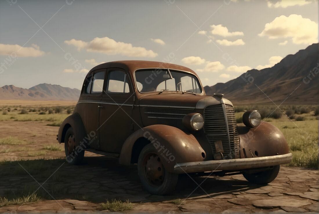 Carro antigo enferrujado em paisagem desértica