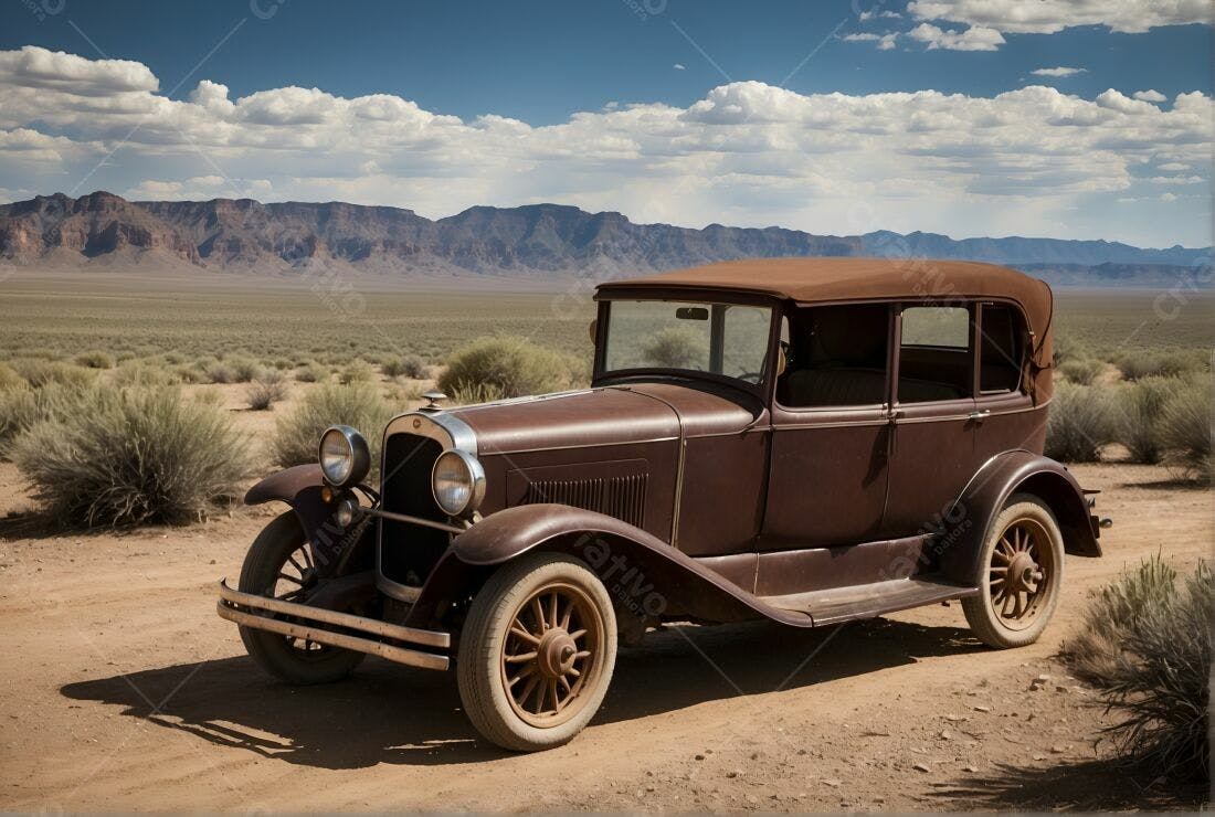 Carro antigo marrom em deserto árido