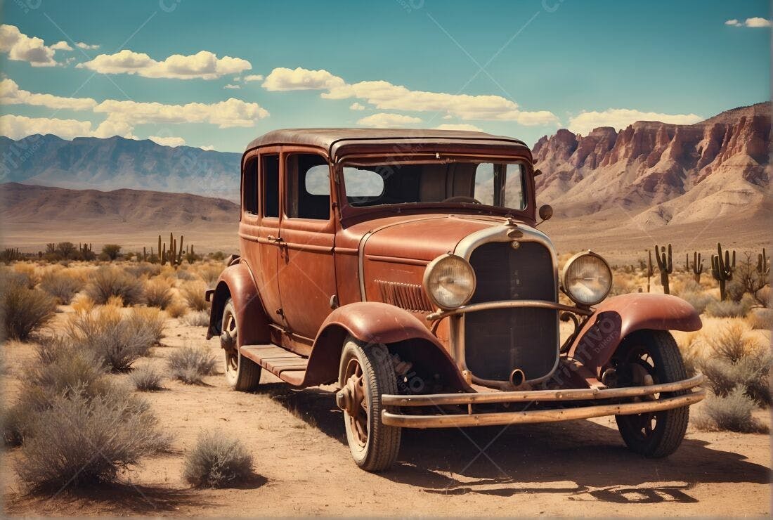 Carro antigo enferrujado no deserto