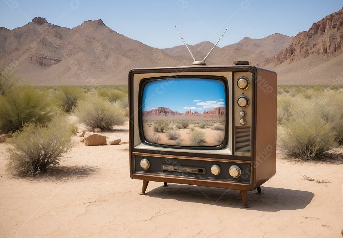 TV antiga no deserto mostrando paisagem árida