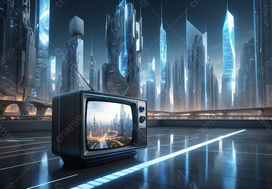 Televisão retrô em cidade futurista