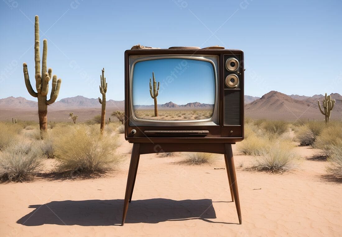 Televisão antiga no deserto com cactos
