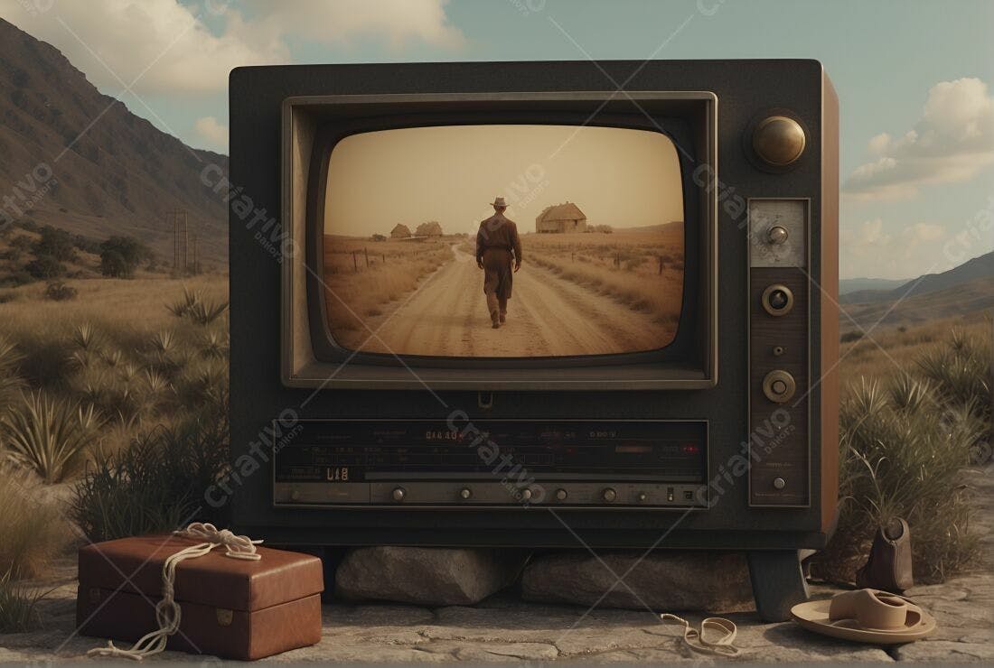 TV antiga mostrando homem caminhando deserto