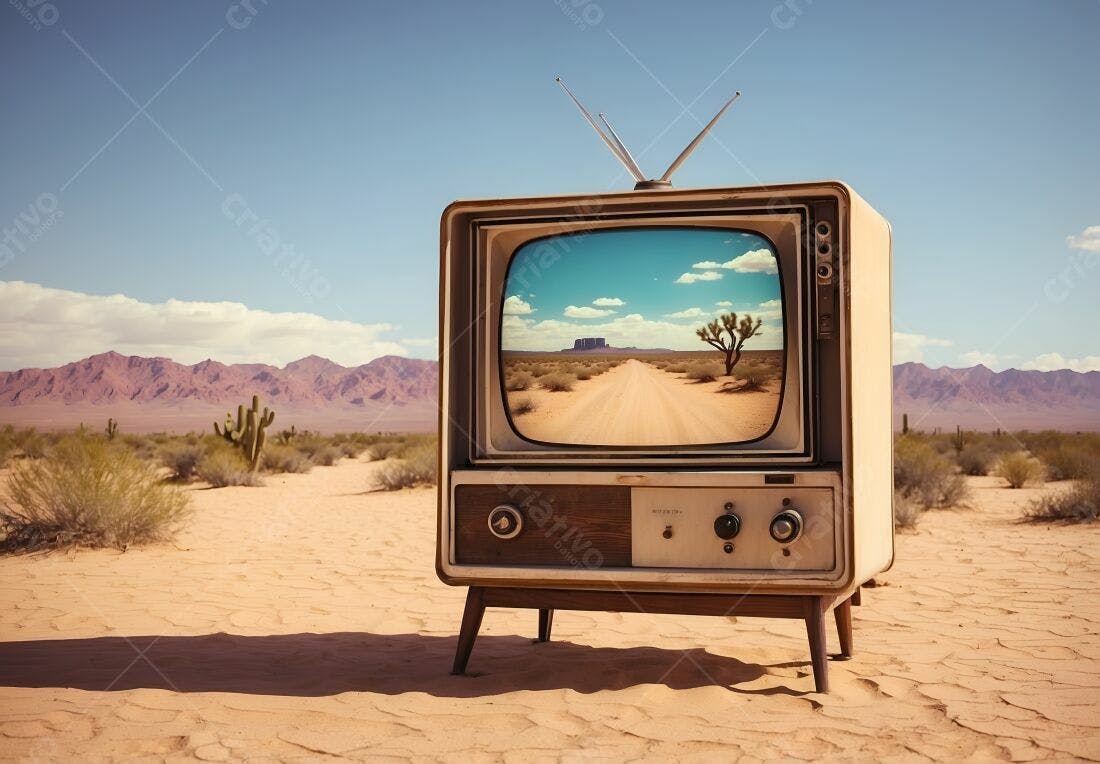 Televisão retrô no deserto mostrando estrada desértica