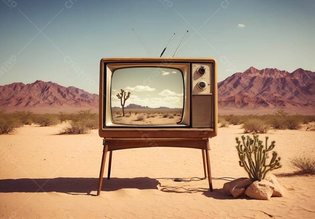 TV antiga no deserto mostrando paisagem desértica