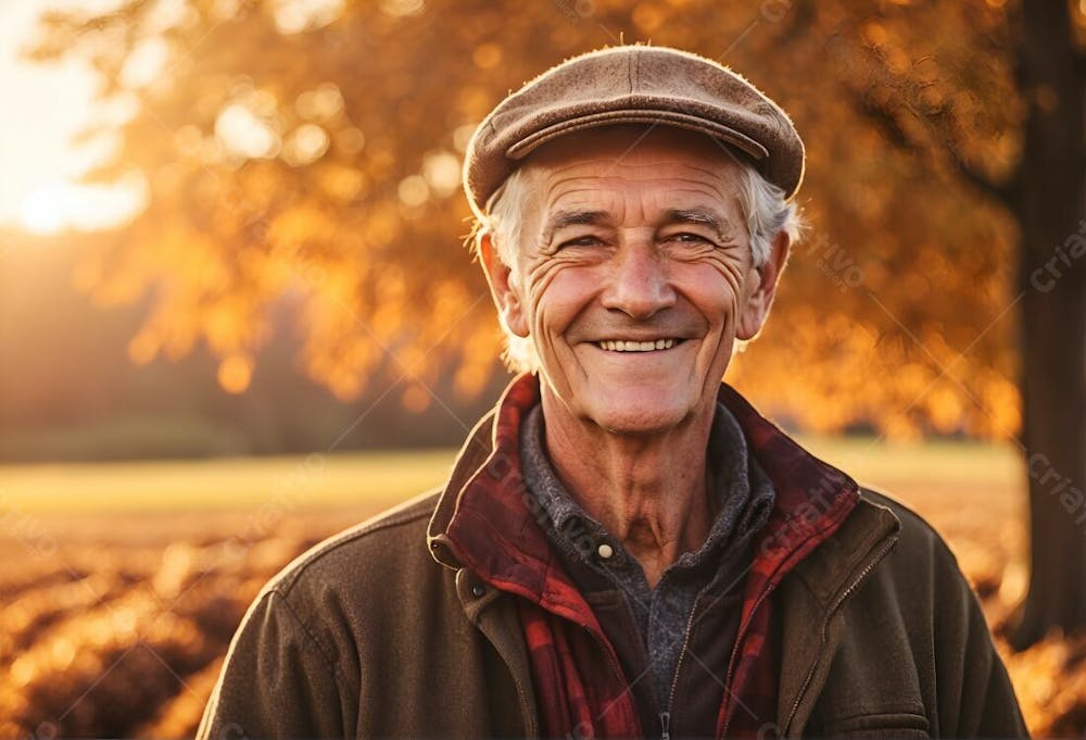 Velho Homem Idoso  Feliz Sorridente Sorriso  Feliz Chápeu Blusa Por Do Sol Primavera