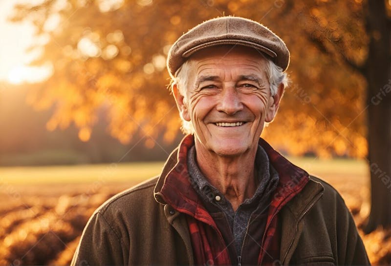 Velho homem idoso feliz sorridente sorriso feliz chápeu blusa por do sol primavera