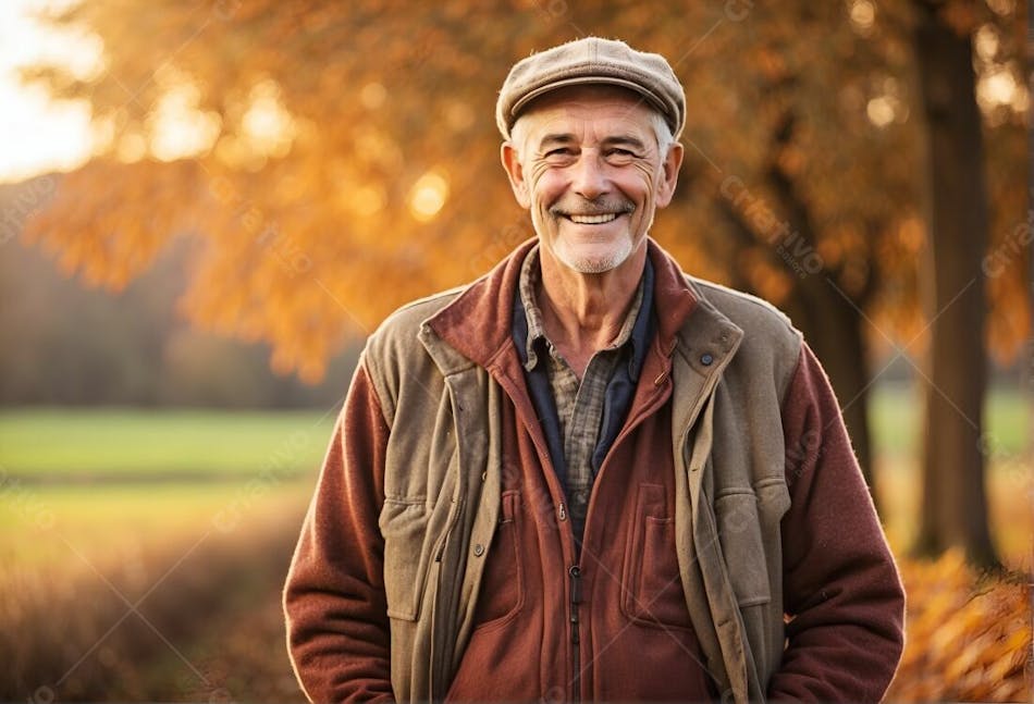 Velho Homem Idoso  Feliz Sorridente Sorriso De Chápeu Com Blusa Vermelha Por Do Sol Primavera