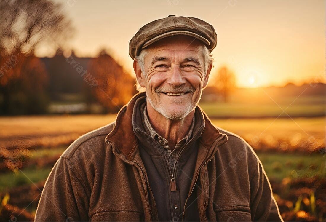 Homem sorridente em campo ao entardecer