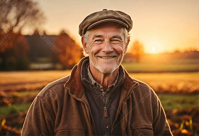 Velho homem idoso feliz sorridente sorriso chápeu blusa por do sol primavera