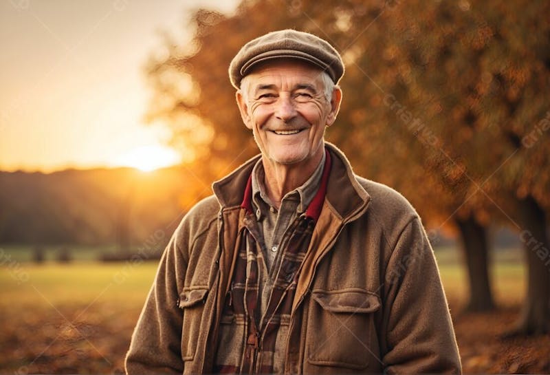 Velho homem idoso feliz sorridente sorriso chápeu com blusa por do sol primavera