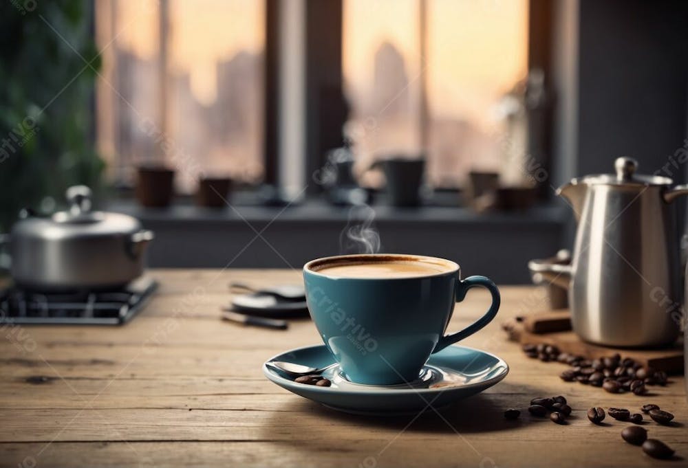 Xicára Azul De Café Na Mesa Da Cozinha E Grãos