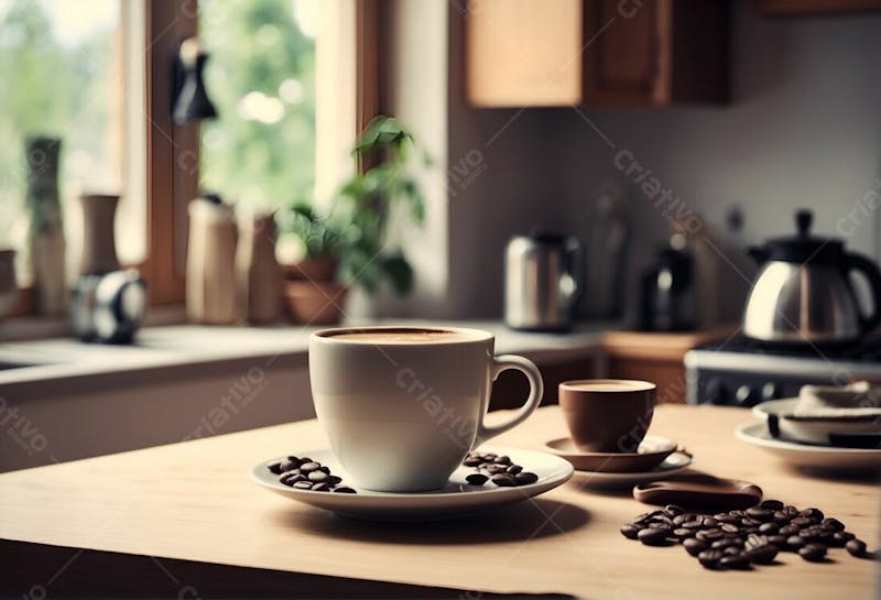 Xicára de café na mesa da cozinha e grãos