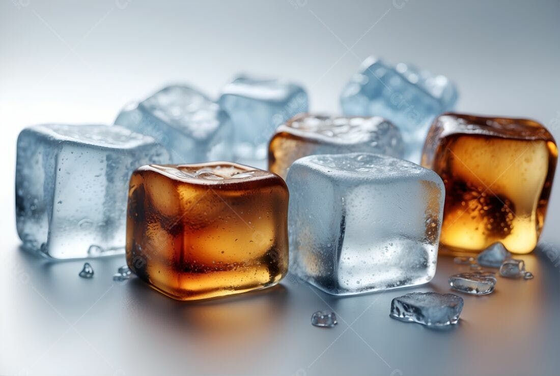 Cubos de gelo transparentes e âmbar