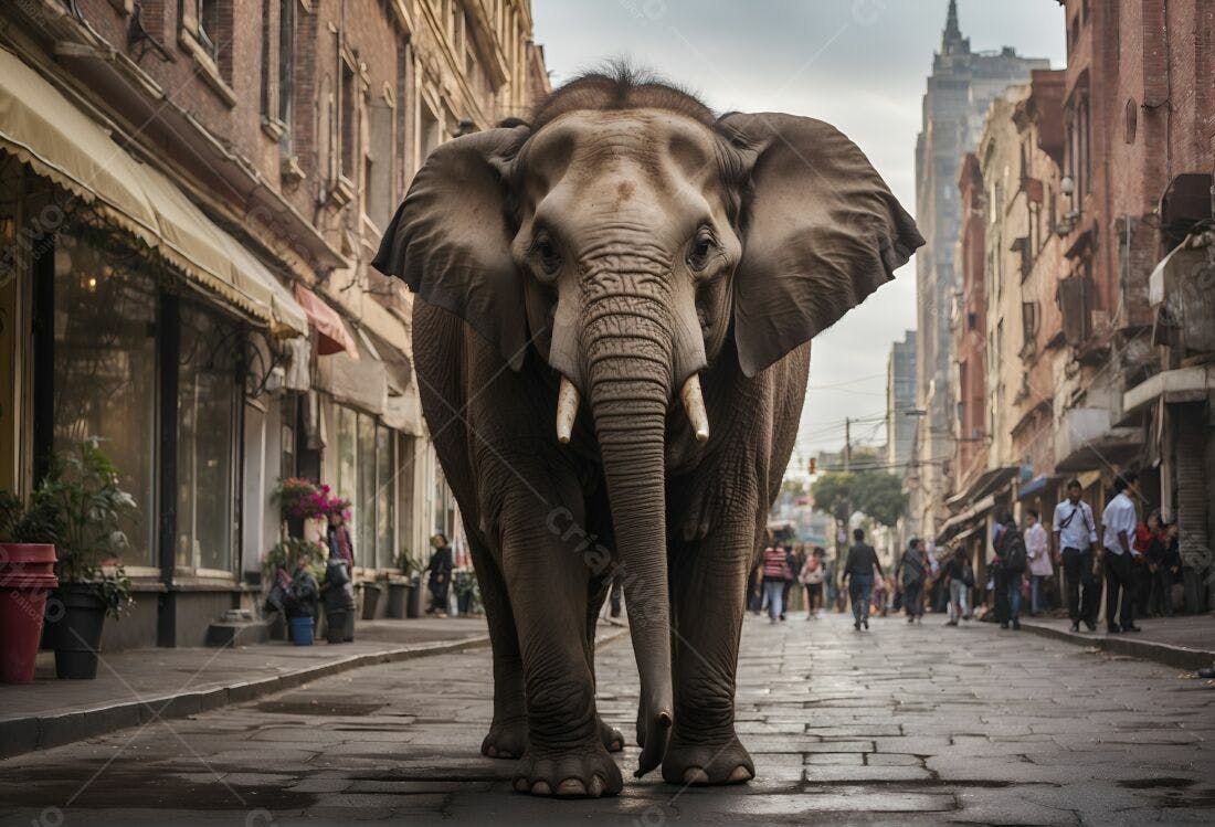 Elefante na rua da cidade cinza