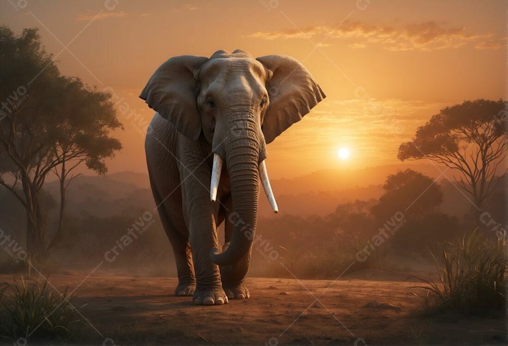 Elefante Mamute No Deserto Do Saara Por Do Sol Arvores