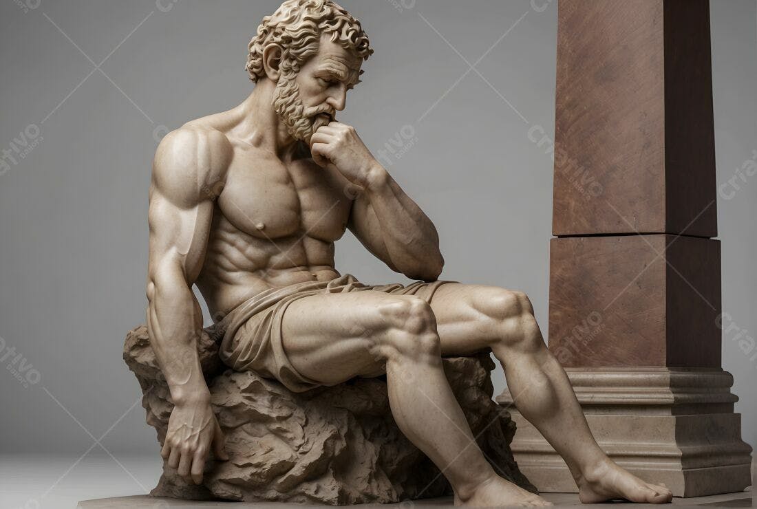 Estátua de homem musculoso pensativo