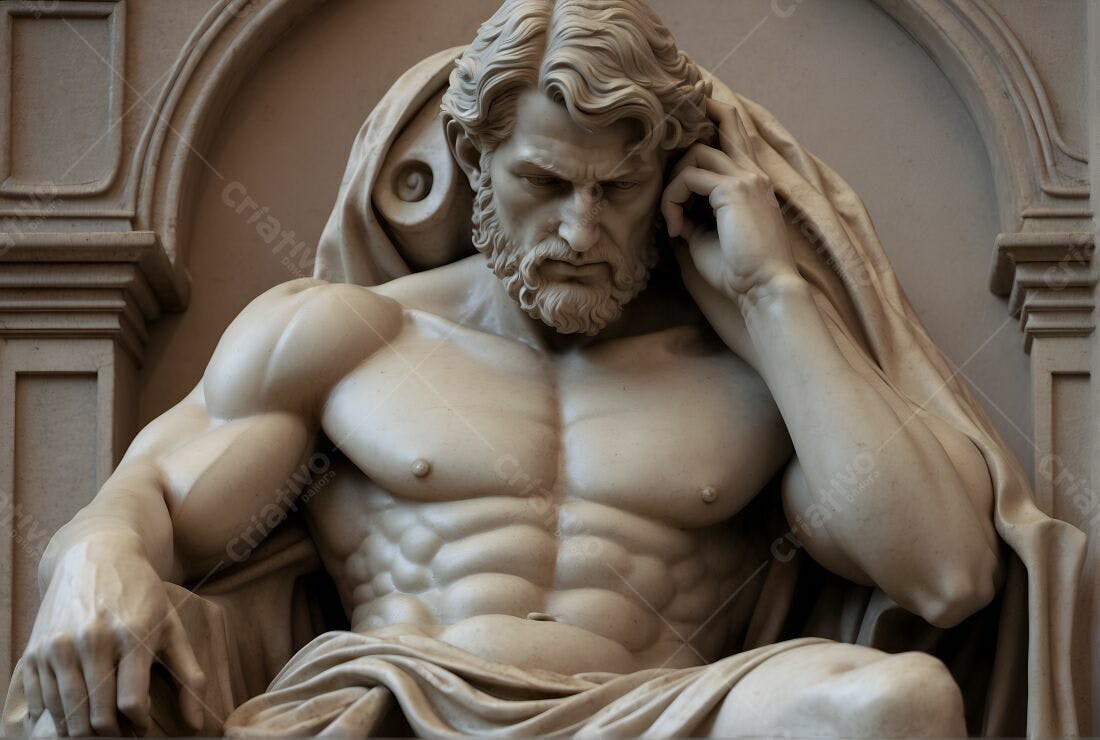 Estátua de homem musculoso pensativo