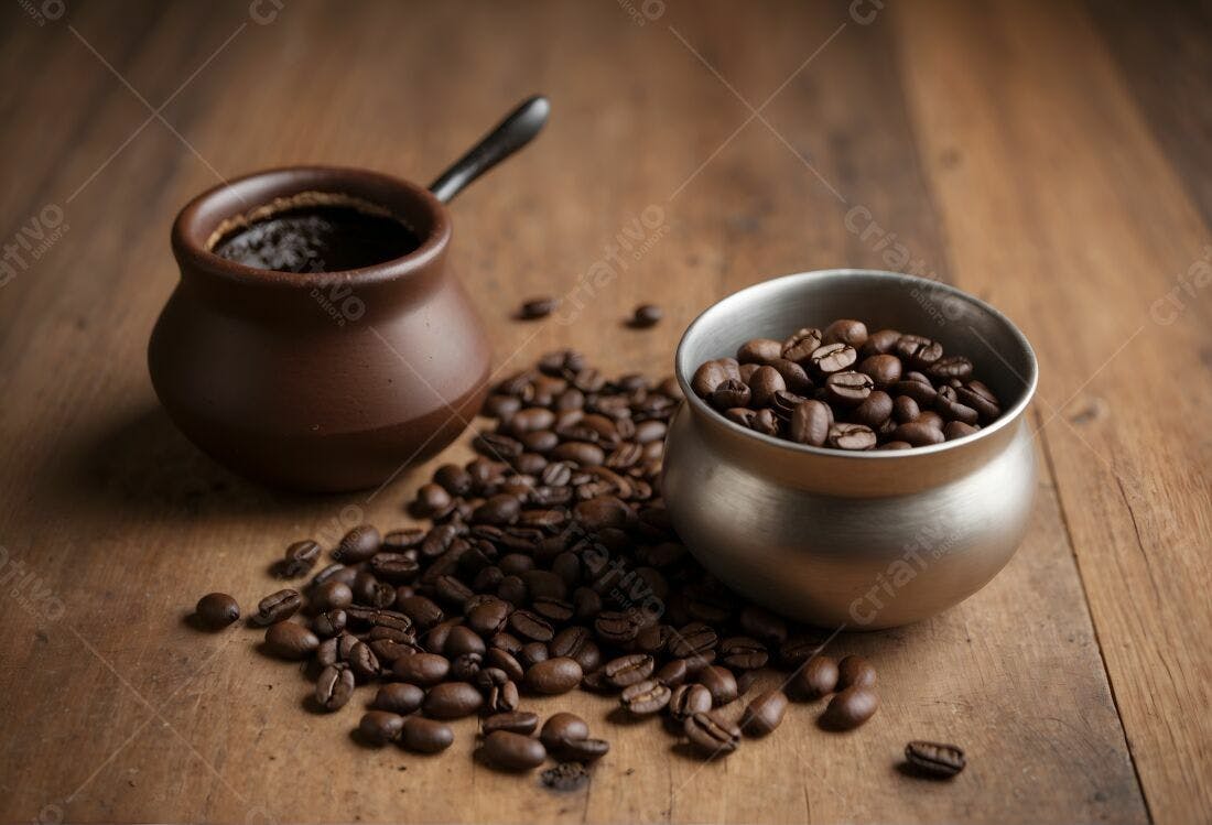 Grãos de café em recipientes de cerâmica e metal