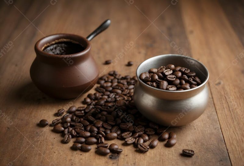 Grãos de café no pote na mesa de madeira