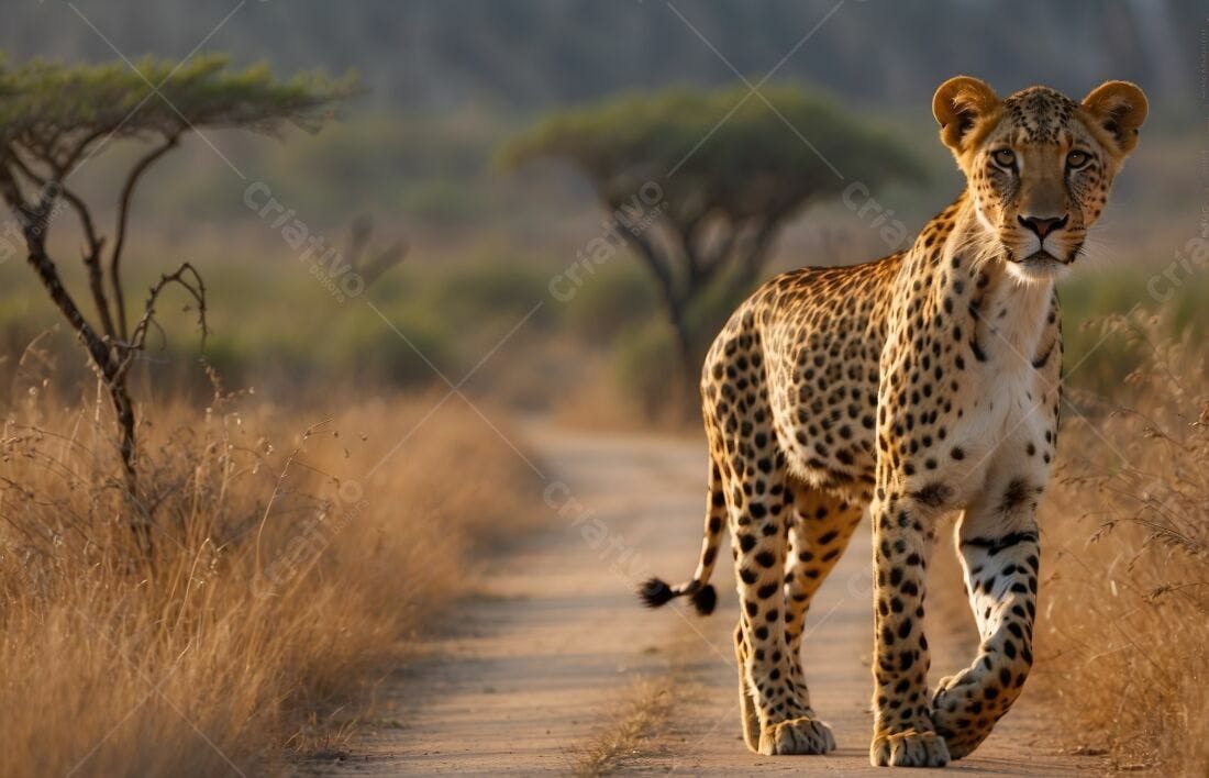 Leopardo caminhando na savana africana ao entardecer