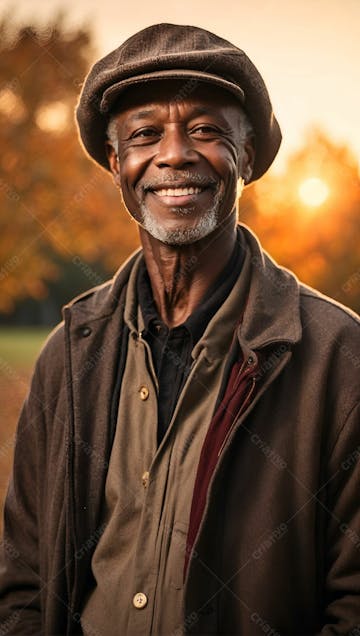 Homem negro feliz sorridente sorriso de blusa com chapeu ao por do sol primavera