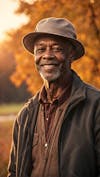 Homem negro feliz sorridente sorriso de camiseta preta com chapeu ao por do sol primavera