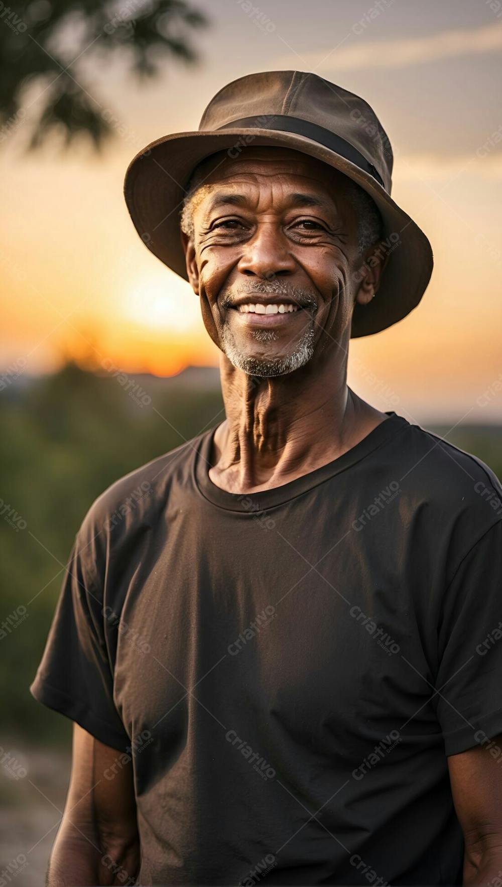 Homem Negro Feliz Sorridente Sorriso De Camiseta Preta Com Chapeu Ao Por Do Sol