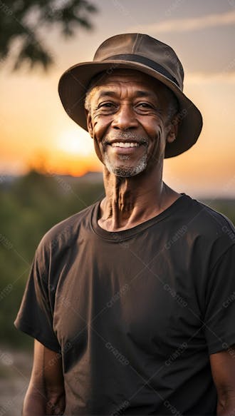 Homem negro feliz sorridente sorriso de camiseta preta com chapeu ao por do sol
