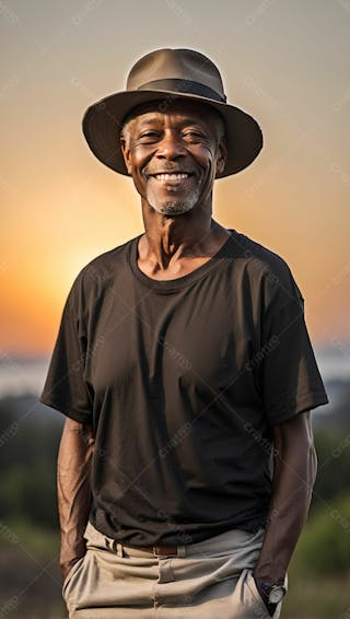 Homem negro feliz sorridente sorriso de camiseta preta com chapeu sol primavera