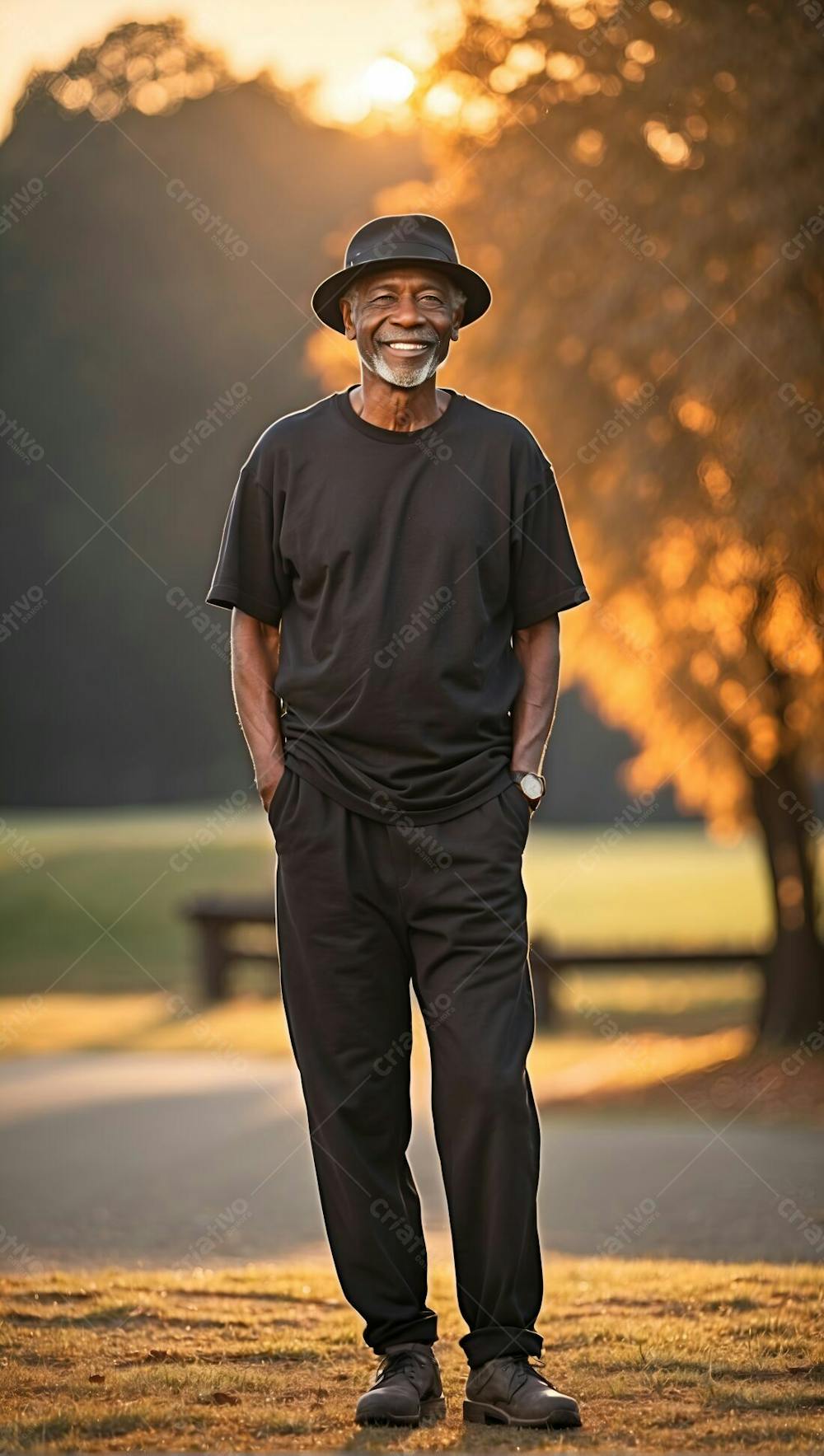 Homem Negro Feliz Sorridente Sorriso De Camiseta Preta E Calça Com Chapeu Ao Por Do Sol Primavera