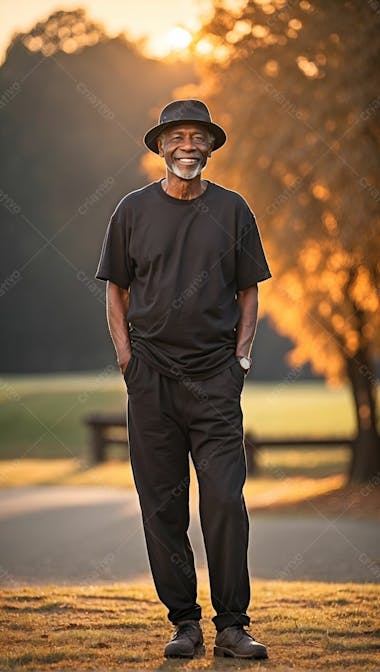 Homem negro feliz sorridente sorriso de camiseta preta e calça com chapeu ao por do sol primavera