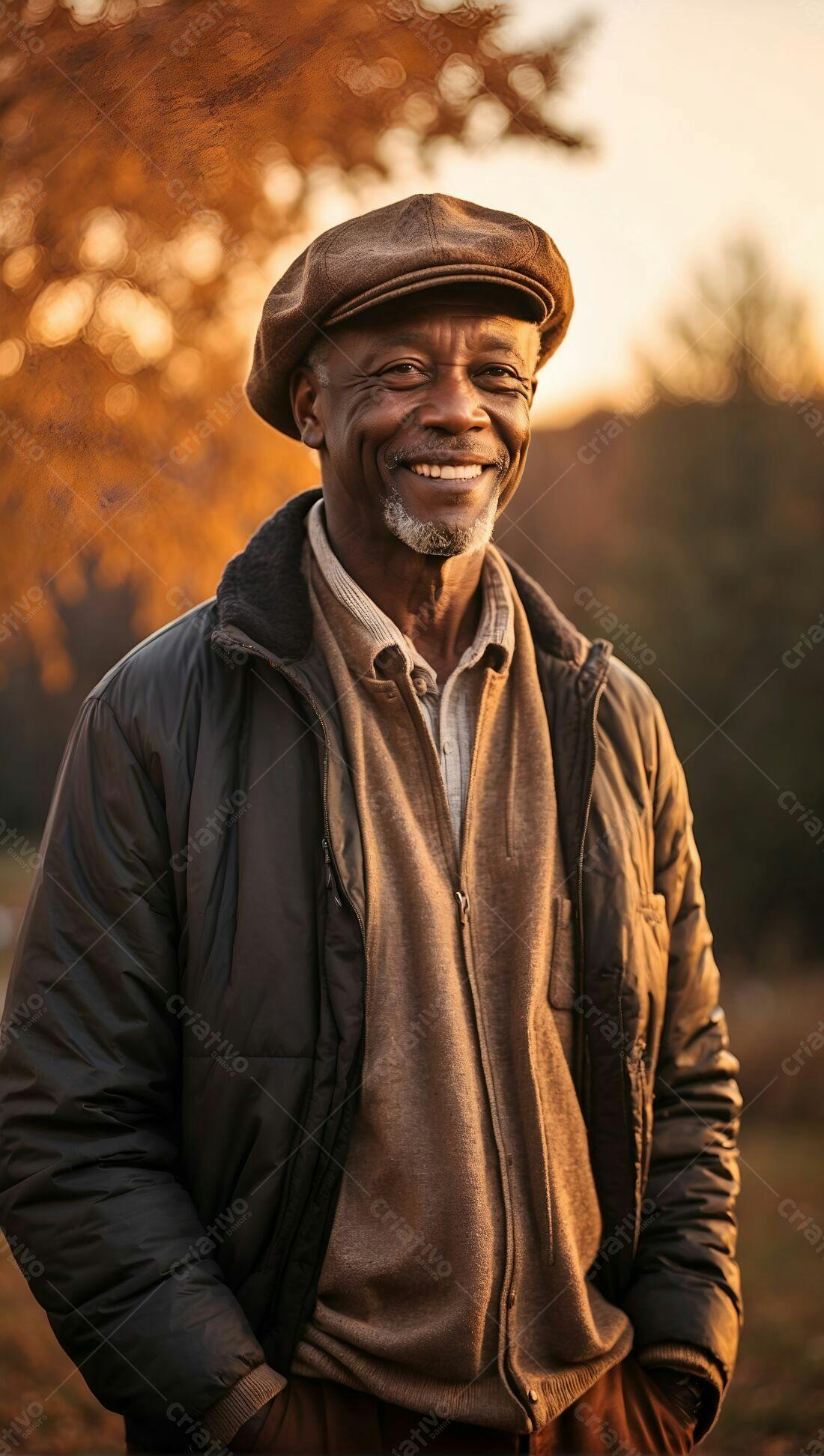Homem negro sorridente em parque outonal