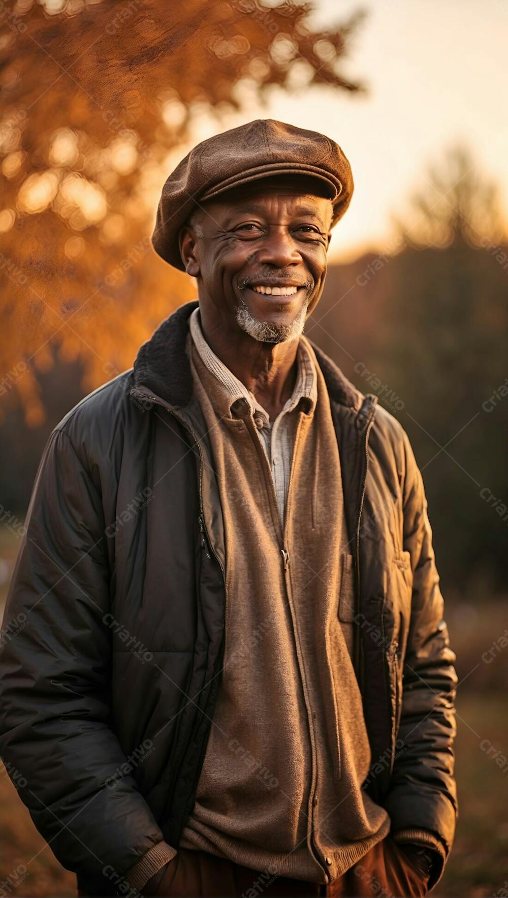 Homem Negro Feliz Sorridente Sorriso Feliz Blusa Com Chapeu Ao Por Do Sol Primavera