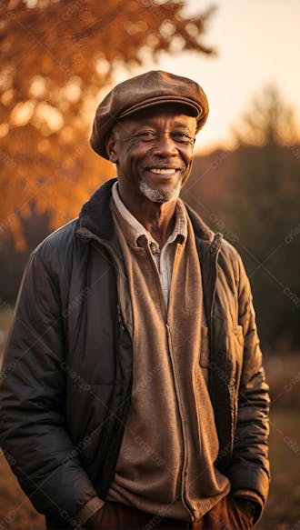 Homem negro feliz sorridente sorriso feliz blusa com chapeu ao por do sol primavera